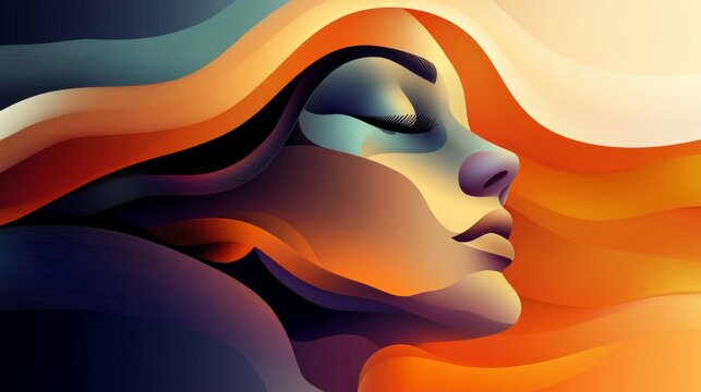 A modern abstract illustration of a woman's face in side profile, surrounded by flowing waves of vibrant colors, blending smoothly. The image exudes a calm yet vibrant mood, perfect for artistic and