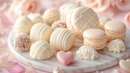 Luxury white chocolate truffles and macarons on a marble plate with rose petals