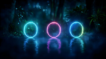 Three Glowing Neon Portals With Reflection In Misty Forest Environment