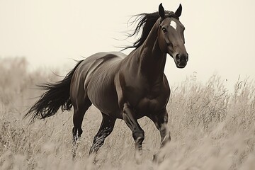 Fototapeta premium Bay horse galloping through tall grass