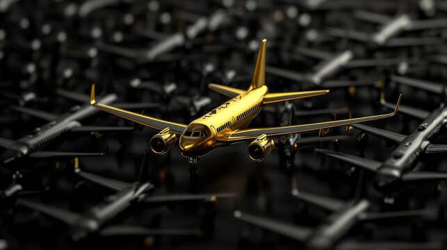 A shiny gold airplane stands out from a mass of black airplanes, viewed from a lower perspective. The image evokes themes of exclusivity, high-status, and uniqueness in aviation.. AI Generation
