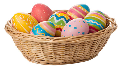 colorful easter eggs in basket isolated on transparent background 