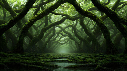 Green Forest Tunnel With Arched Branches and Mossy Ground in Sunlight