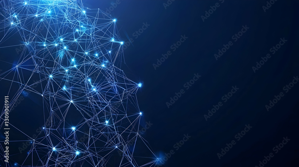 Wall mural abstract network structure with glowing blue dots and lines on dark background
