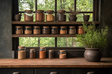 Fototapeta premium Spices and herbs neatly organized on wooden shelves in a rustic kitchen with a view of nature