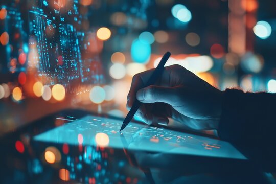 Businessman illustrates digital icon representing ai in customer support and hr management - Powered by Adobe