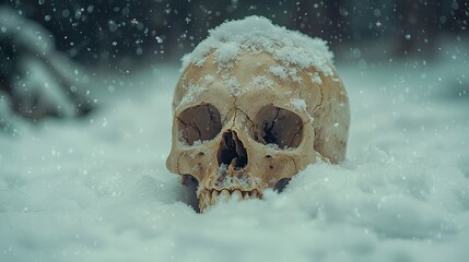 Human Skull Partially Buried in Snow with Falling Snowflakes Creating a Chilling Atmosphere
