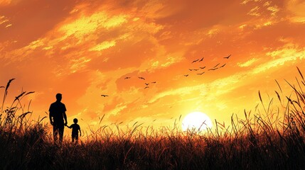 Fototapeta premium Heartwarming Silhouette of a Father and Son Enjoying Quality Time Outdoors at Sunset