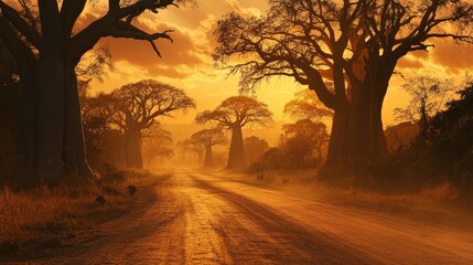 Fototapeta premium A breathtaking view of the Avenue of the Baobabs at sunset, the ancient towering trees