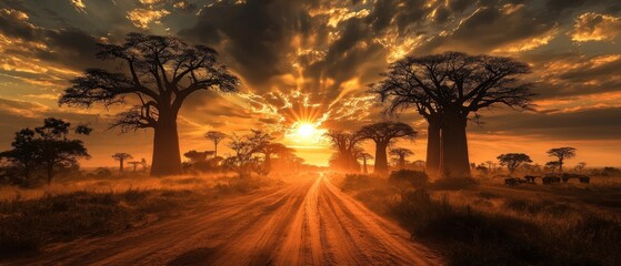 A breathtaking view of the Avenue of the Baobabs at sunset, the ancient towering trees