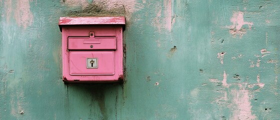Pink mailbox on teal wall; weathered texture; exterior; correspondence