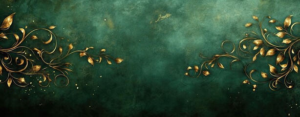 Elegant green background with abstract gold floral designs beautifully arranged.