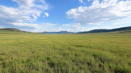 Fototapeta premium Expansive grassland under a partly cloudy blue sky; distant mountains on the horizon.
