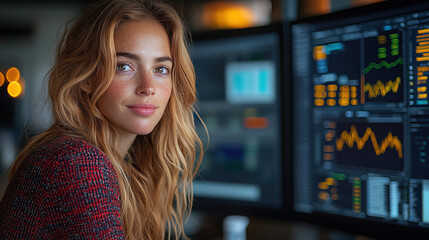 Young woman analyzing market trends in modern office with financial data displayed on multiple screens during daytime. Generative AI