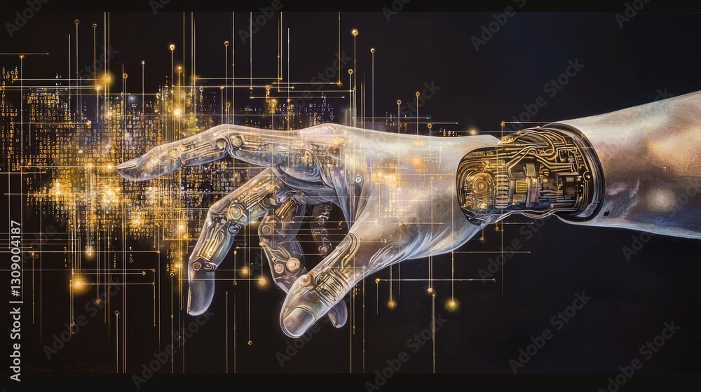 Poster a futuristic robotic hand reaching out to interact with floating lines of complex code.