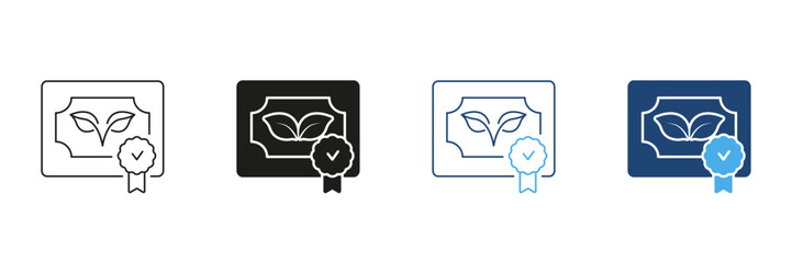Certificate With Leaf And Checkmark Line and Silhouette Icon Set. Environmental Or Organic Certification Standards. Eco-Friendly Accreditation. Editable Stroke. Isolated Vector Illustration