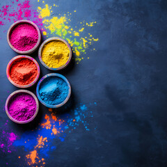 Holi Festival Powder Dye Dry Paint In Bowls On Black Or Dark Gray Background