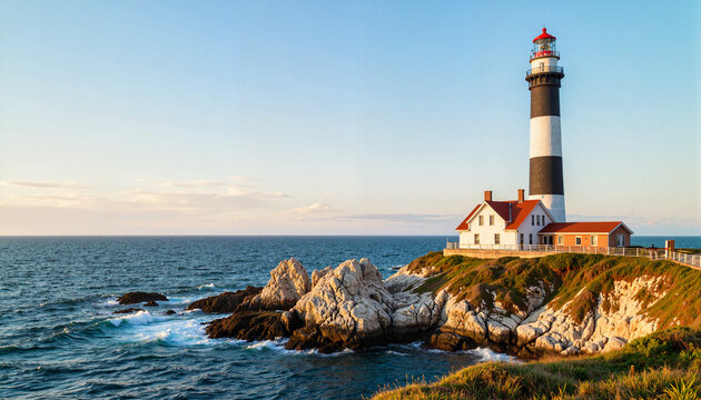Coastal lighthouse at sunset illuminating rocky shoreline, maritime passion