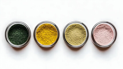 Four Open Paint Cans Displayed in a Row with Green Yellow Gold and Pink Hues Against a White Background