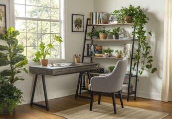 Fototapeta premium Modern corner home office space with a gray desk, chair, and a plant-filled shelving unit.