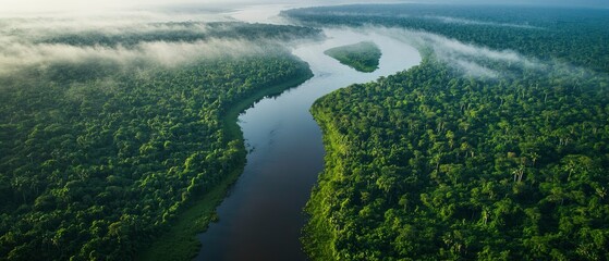 A dynamic aerial view of the Amazon River snaking through the lush, green rainforest