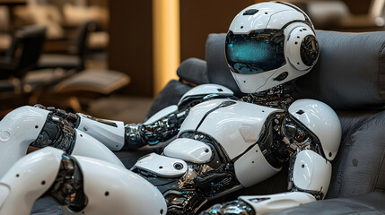 Fototapeta premium Robotic figure relaxing in a modern lounge setting with soft lighting and contemporary furniture. Generative AI