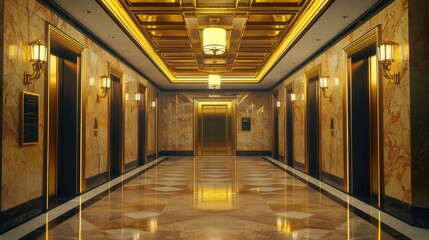 Fototapeta premium A luxurious elevator lobby with ambient lighting, sleek marble floors, and gold-accented walls.
