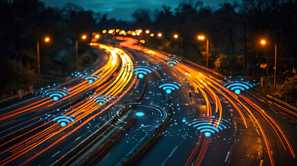 Obraz premium Dynamic traffic flow illuminated by streetlights and enhanced by digital signals during twilight hours. Generative AI