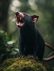 A dramatic close up shot of a Tasmanian devil standing on a mossy forest floor, baring its sharp teeth