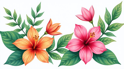 Fototapeta premium vibrant tropical flowers foliage set serene azalea white soft watercolor illustration
