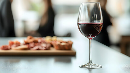 Elegant Glass Of Red Wine Beside Wooden Board With Appetizers In A Restaurant