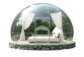 Clear Geodesic Dome with Bed and Curtains