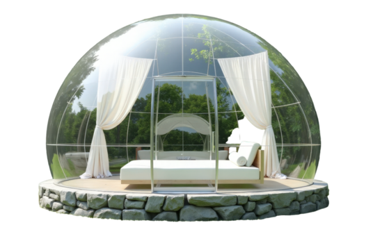 Clear Geodesic Dome with Bed and Curtains