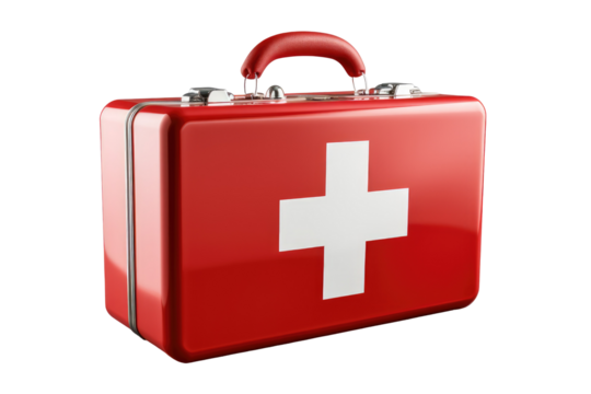 striking red medical kit on transparent background