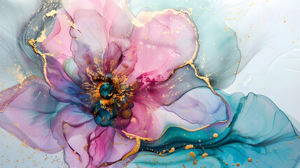 Alcohol ink painting with thin gold or silver leafing, featuring pink and blue tones in an elegant fluid abstract artwork.