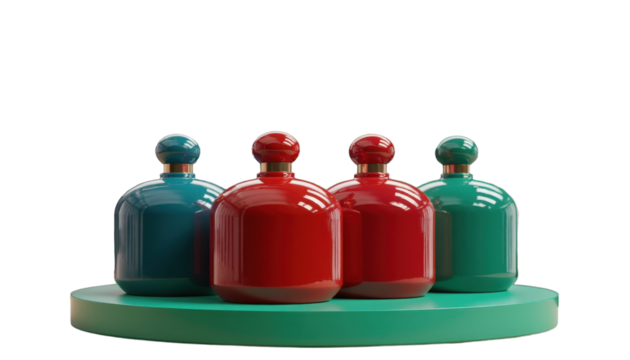 Colorful glass bottles arranged on a green stand, transparent background