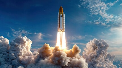 Obraz premium A powerful space rocket firing up, its engines spewing intense flames against a clear blue horizon.