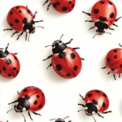 Seamless illustration pattern of realistic red ladybugs with black spots on white background