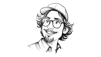 Isolated sketch of a cheerful young man with curly hair and glasses on transparent background