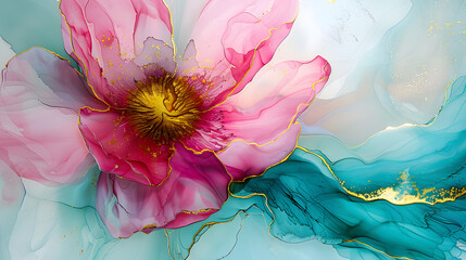 Alcohol ink painting with thin gold or silver leafing, featuring pink and blue tones in an elegant fluid abstract artwork.