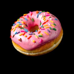 Pink Frosted Donut with Colorful Sprinkles on Black Background