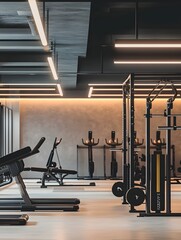 Obraz premium Modern Gym Interior with Professional Fitness Equipment and Large Windows Providing Natural Light and Elegant Design, Featuring High-End Training Machines, Treadmills, and Strength Training Areas 
