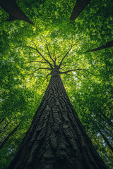 Naklejka premium Vertically Ascending Gaze Through Towering Trees with Vibrant Green Canopy