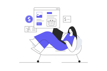 Shopping online. Woman Character sitting on the sofa at home and making purchases and ordering online on the website. Flat Cartoon Vector Illustration, icon. Stylish abstract design for website