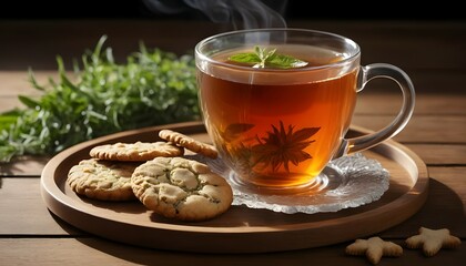 Warm Tea with Cookies on a Wooden Tray Creates a Cozy Scene for Relaxation