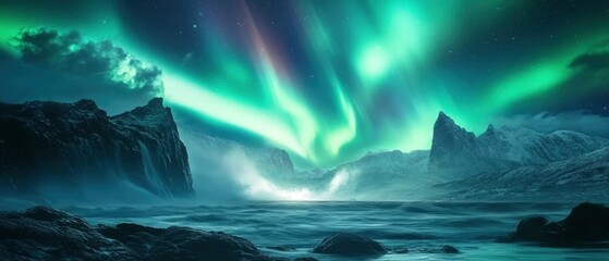 Naklejka premium A mesmerizing night scene of the Northern Lights dancing across the Arctic sky above the snow-covered peaks
