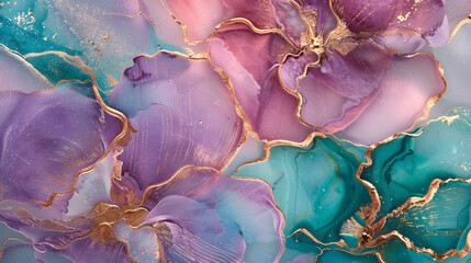 Alcohol ink artwork with thin gold or silver leafing, blending pink and blue hues to create a stunning abstract composition.