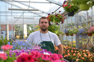 happy worker growing flowers in a greenhouse of a flower shop