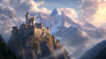 Obraz premium A majestic castle perches on a rocky mountain peak, illuminated by a warm sunrise. Snow-capped mountains form a breathtaking backdrop, and mist swirls gently around the scene, creating an enchanting