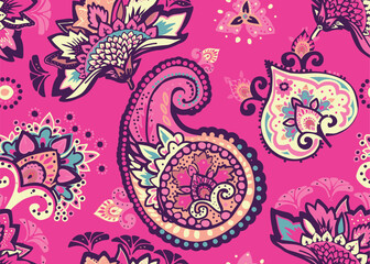 Seamless paisley pattern in Oriental style with floral and ethnic motifs for printed fabric, wallpaper, and packaging